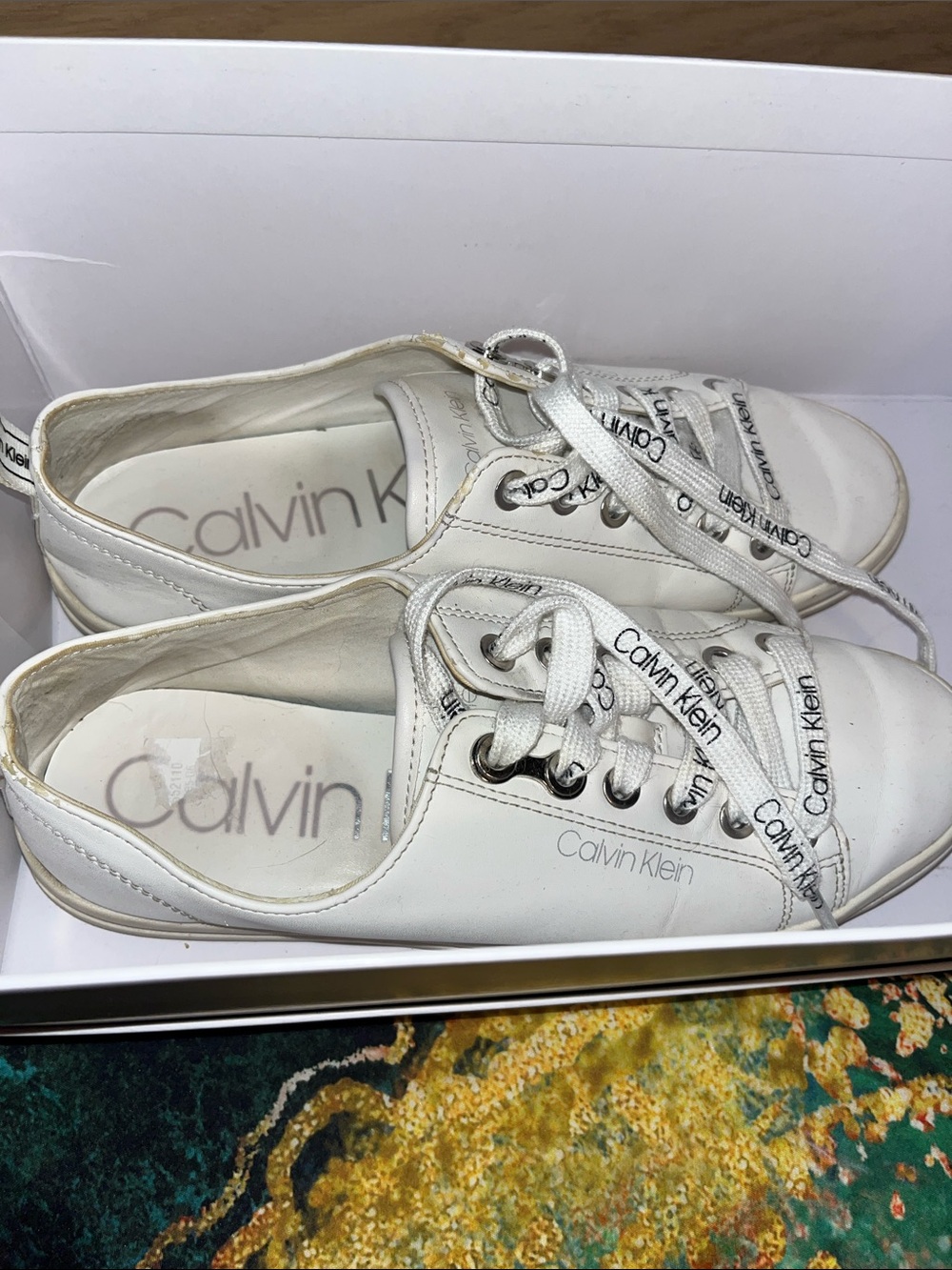 Calvin Klein Cream Leather Logo Lace-Up Sneakers